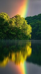 Aufkleber - A breathtaking rainbow stretches gracefully across the sky, its colors mirrored in the calm waters below. Lush green trees frame this peaceful setting, inviting contemplation and joy