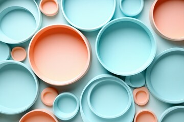 Poster - Colorful arrangement of various sized plates in soft hues displayed on a light background