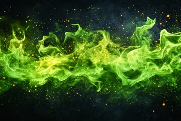 Aufkleber - Vibrant green smoke swirls with golden sparks in a dark space creating a mystical atmosphere