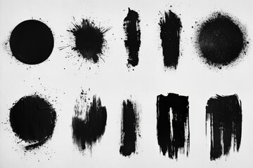 Poster - Black paint splatters and strokes against a white background showcasing various artistic textures and forms