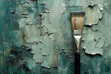 Poster - Textured blue-green painting surface with a brush resting, capturing creativity in progress