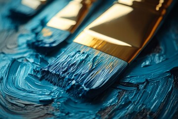 Poster - Brushes coated with vibrant blue paint arranged on a textured surface in a creative workspace during the day