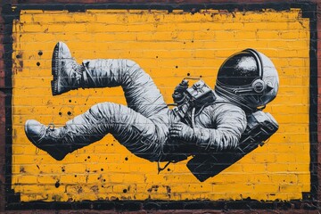 Poster - Astronaut mural floating against vibrant yellow background in urban setting