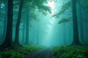 Wall Mural - Trees and fog in a mystical forest atmosphere, dense, forest, verdant