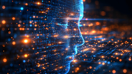 Poster - Digital representation of a human face composed of glowing lines and particles, symbolizing technology and artificial intelligence