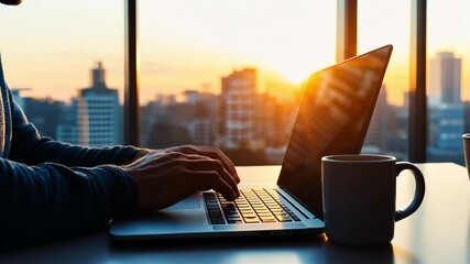 Poster - Productive evening with laptop in urban office against sunset skyline