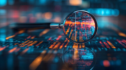 Poster - A magnifying glass focuses on digital data patterns, symbolizing analysis and technology in a vibrant, futuristic setting