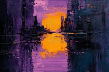 Aufkleber - Colorful abstract landscape with vibrant orange and purple reflections at sunset