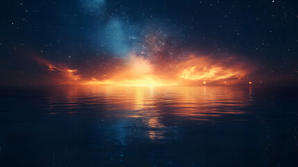 Poster - A stunning sunset over a calm ocean, illuminated with vibrant orange and blue hues, surrounded by sparkling stars in a clear night sky