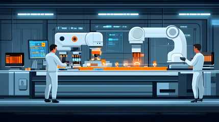 Poster - Futuristic lab scene with robotic arms assisting two scientists in white coats, showcasing advanced technology and automation in a research environment