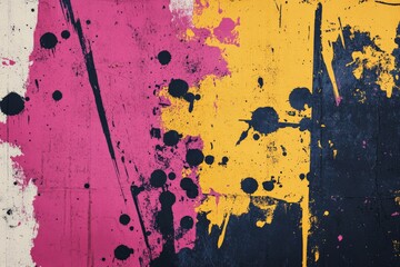 Leinwandbilder - Colorful abstract wall mural featuring splashes of pink, yellow, and black paint in urban setting during daylight