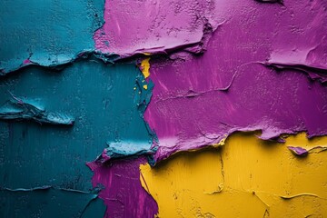 Aufkleber - Vibrant abstract wall art with textured layers of teal, purple, and yellow paint during daylight hours