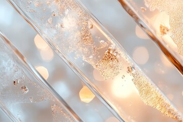 Poster - Soft diagonal light beams illuminate a semi-opaque frosted glass surface, enhancing blurred abstract shapes behind it. The warm tones create depth and a tranquil ambiance
