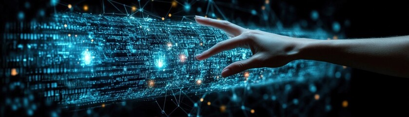 Poster - Hand interacting with a digital touchscreen interface displaying colorful graphics and icons