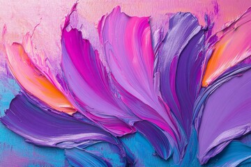 Poster - Colorful abstract painting featuring bold petals in shades of purple and pink on a vibrant background