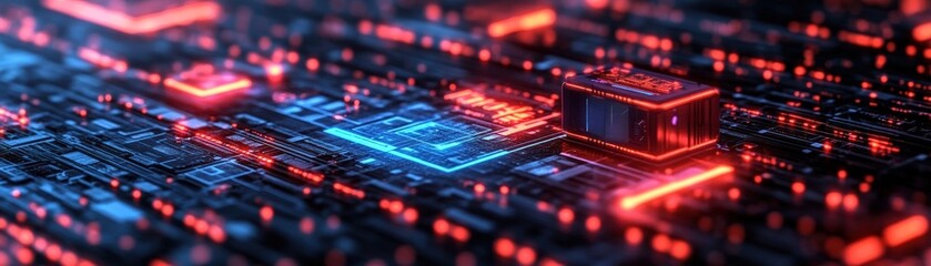 Aufkleber - Computer circuit board featuring vibrant red and blue led lights illuminated in a dark environment