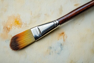 Poster - Close-up of a paintbrush resting on a textured canvas with vivid paint strokes in an artist's workspace