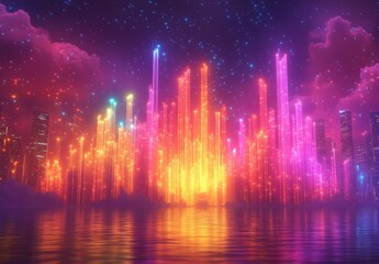 Poster - Vibrant Abstract Cityscape with Colorful Light Beams and Starry Night Sky Reflected on Water Surface in a Dreamlike Atmosphere