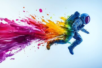 Poster - Astronaut in vibrant colors leaps through space, creating a splash of paint against a light background