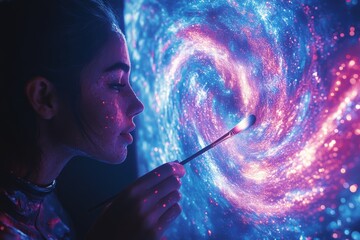 Aufkleber - Woman interacting with a colorful cosmic swirl in an artistic space setting during nighttime