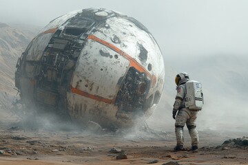 Poster - Astronaut explores a mysterious crashed spacecraft on an alien planet during a foggy atmosphere