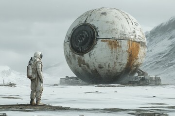 Poster - Astronaut exploring a mysterious spherical structure in a snow-covered landscape during an overcast day