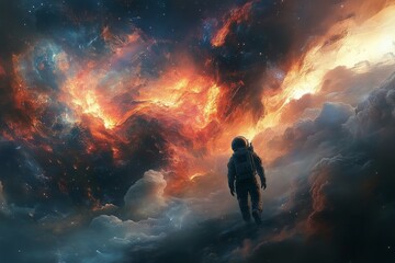 Poster - Astronaut exploring a vibrant nebula in space during a distant cosmic journey