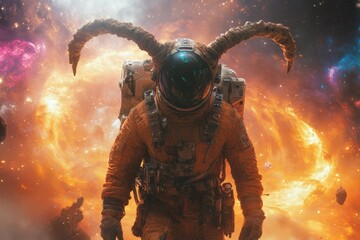 Aufkleber - Astronaut in vibrant cosmic landscape exploring the depths of space amidst colorful celestial phenomena