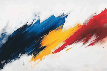 Poster - Abstract artwork featuring bold brush strokes in blue, yellow, and red on a white canvas for modern decor