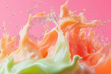 Poster - Colorful liquid splash creates dynamic wave patterns against a pink background during a creative photography session