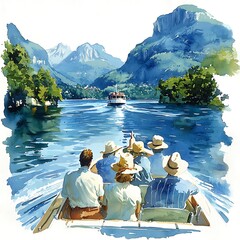 Wall Mural - Serene Lake Boat Trip in the Alps Watercolor Painting.