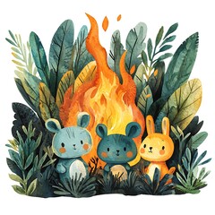 Canvas Print - Watercolor Illustration of Cute Animals by a Campfire in Lush Foliage.