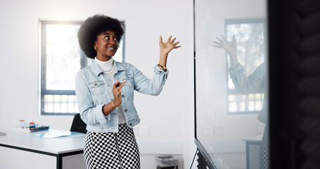 Poster - Meeting, whiteboard and training with business black woman in office for coaching or development. Presentation, seminar and upskill speaker in design workplace for education or planning for project