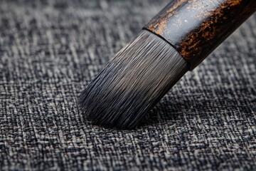 Poster - Detailed close-up of a brush applying fine strokes on textured fabric during an artistic project