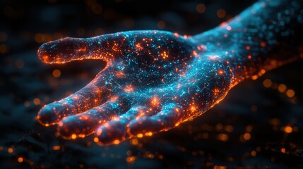 Poster - Hand with glowing blue and orange pattern on skin in dark background