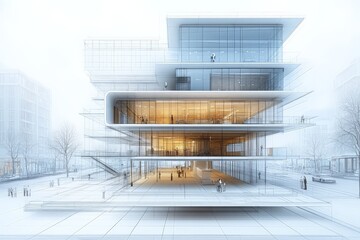 Aufkleber - Modern architectural design showcasing a transparent multi-level building in an urban setting during misty weather