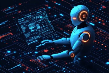 Poster - Futuristic robot interacts with advanced technology on a digital interface at night