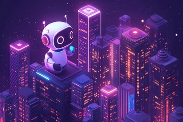 Aufkleber - Robot explores a vibrant futuristic city skyline at night with colorful lights and tall skyscrapers