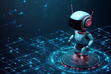 Poster - Futuristic robot interacting with technology in a digital environment filled with circuits and glowing elements