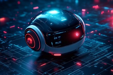 Aufkleber - Futuristic robotic sphere with glowing elements on a digital matrix background at night
