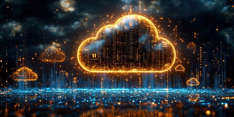Poster - Cloud with glowing lights floating over a city skyline at night against dark sky background