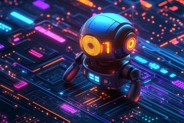 Aufkleber - Robot exploring a neon-lit digital landscape with vibrant colors and intricate circuitry