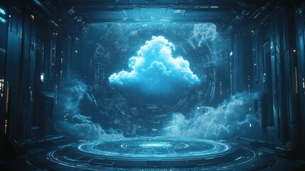 Poster - Futuristic city skyline with large blue cloud hovering above modern architecture and urban landscape
