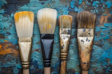 Aufkleber - Various paintbrushes placed on a weathered textured surface showcasing vibrant colors and wear