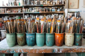 Poster - Collection of paintbrushes in various containers arranged neatly in an artist's studio workspace