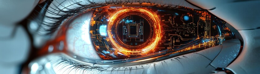 Poster - Close up of a futuristic human eye featuring a detailed circuit design within the pupil area