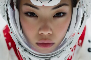 Poster - Portrait of a female astronaut in a space suit with a reflective visor captured during training