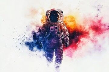 Poster - astronaut wandering through colorful cosmic space with vibrant nebulae as a backdrop