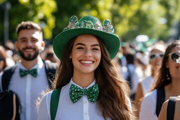 Wall Mural - A cheerful young woman adorned in green accessories smiles brightly, embodying joy and enthusiasm in a vibrant celebration filled with music and laughter among friends.