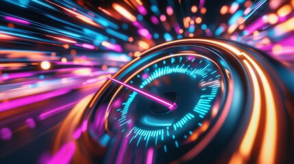 Poster - Abstract speedometer dial with bright neon colors and a blurred needle, symbolizing acceleration and high speed